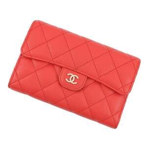 CHANEL Red Caviar Leather Logo Wallet